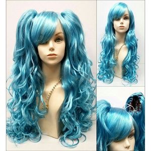 Light blue long wavy wig w/detachable ponytails